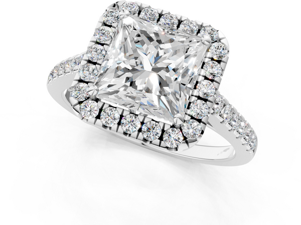 White gold Princess Halo Pavé Diamond Engagement Ring with Four-Prong Setting