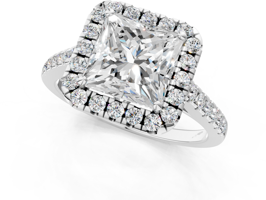White gold Princess Halo Pavé Diamond Engagement Ring with Four-Prong Setting