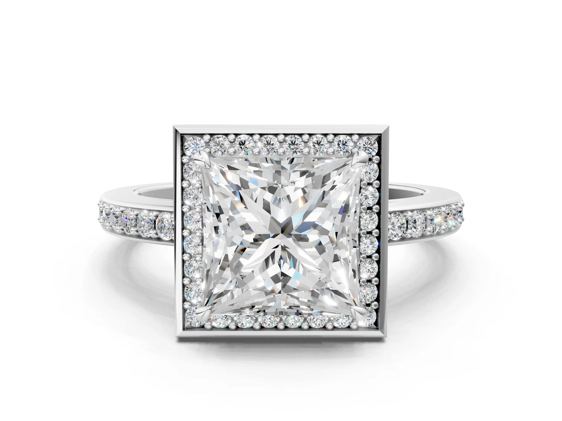 White gold Princess Halo Pave Band Solitaire Ring with Prong Setting_84