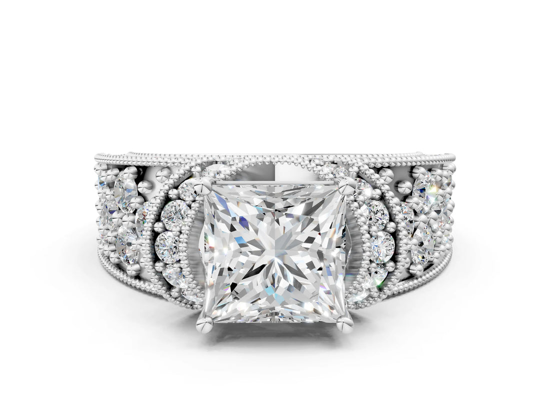 Platinum 1.24 Carat G VVS2 Princess Halo Pave Diamond Engagement Ring with Milgrain Detailing