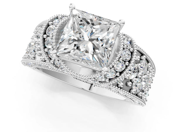 Platinum 1.24 Carat G VVS2 Princess Halo Pave Diamond Engagement Ring with Milgrain Detailing