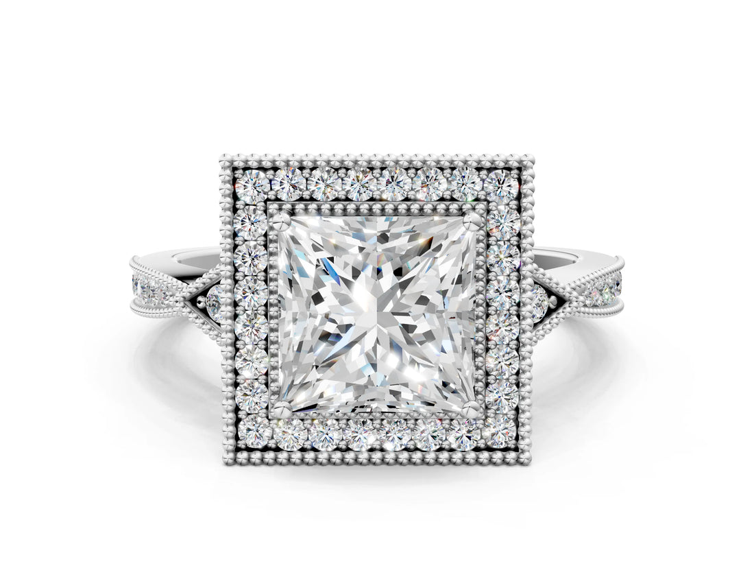 White gold Princess Halo Round Diamond Milgrain Pave Engagement Ring_9