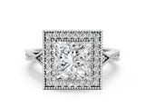 White gold Princess Halo Round Diamond Milgrain Pave Engagement Ring_9