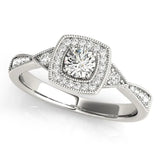 White gold Fancy Green Princess  Halo Round Diamond Milgrain Pave Engagement Ring