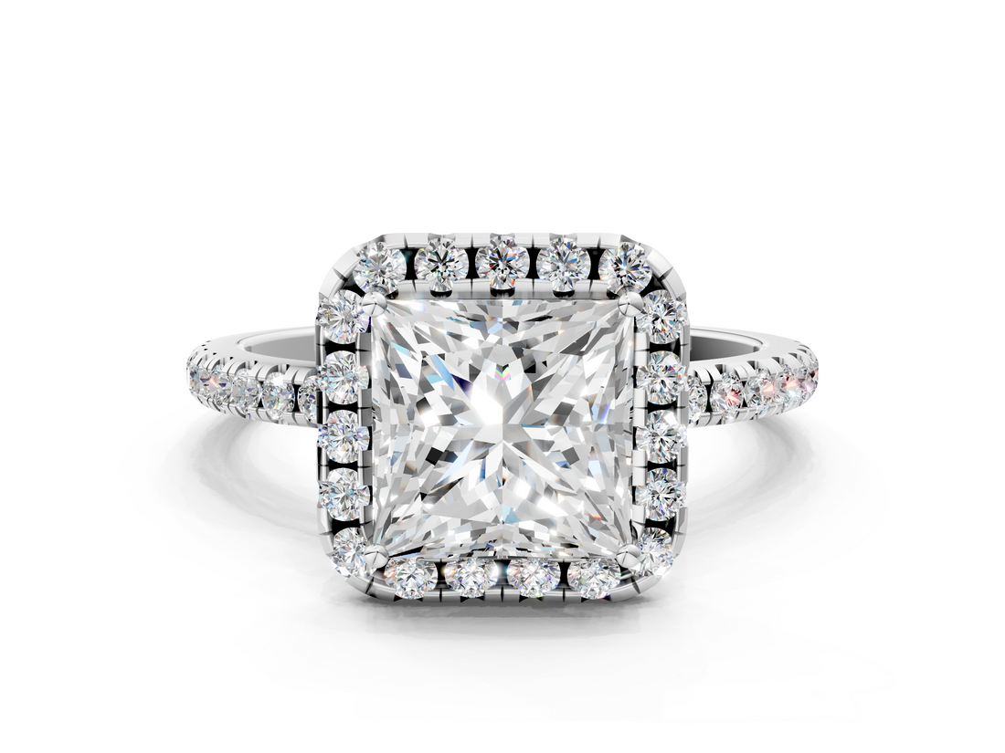White gold Princess Halo Round Diamond Pavé Band Four-Prong Ring_3