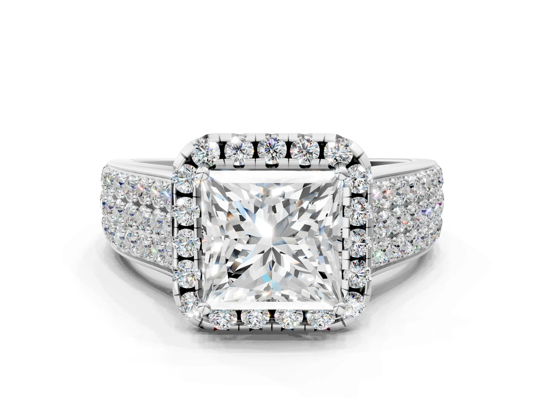 White gold Princess Halo Round Diamond Pave Band with Prong Setting