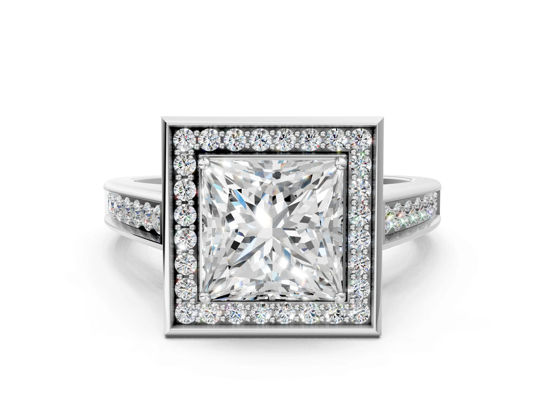 White gold Princess Halo Solitaire Diamond Ring with Pave Band and Bezel Setting_65