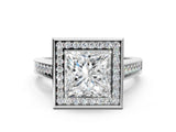 White gold Princess Halo Solitaire Diamond Ring with Pave Band and Bezel Setting_65
