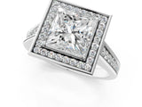 White gold Princess Halo Solitaire Diamond Ring with Pave Band and Bezel Setting_74