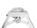 White gold Princess Halo Solitaire Diamond Ring with Pave Band and Bezel Setting_77