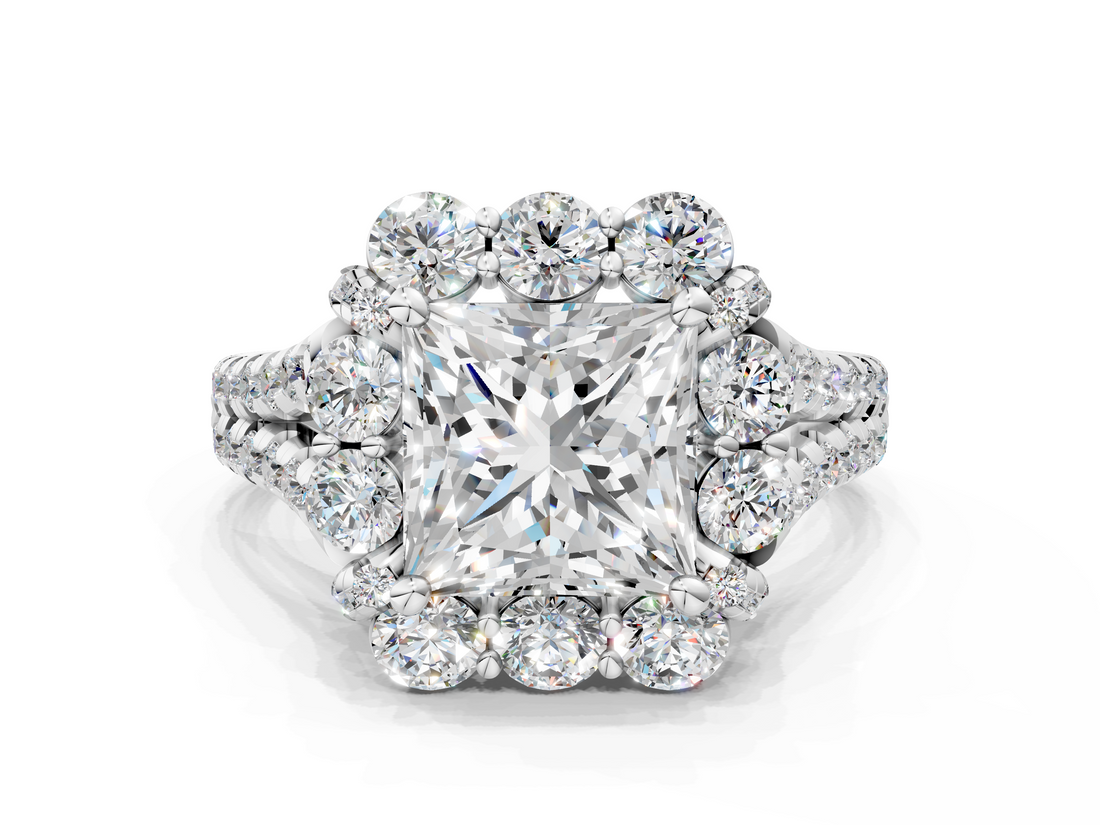 White gold Princess Halo Split Shank Diamond Engagement Ring with Pave Band and Four-Prong Setting_51