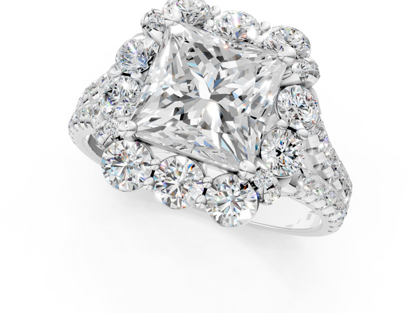 White gold Princess Halo Split Shank Diamond Engagement Ring with Pave Band and Four-Prong Setting