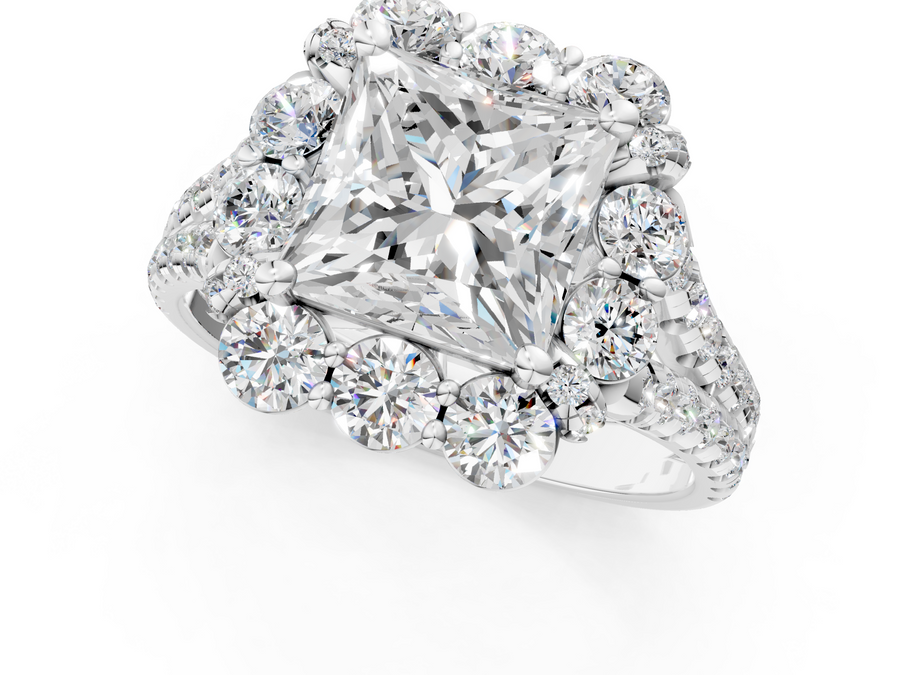 White gold Princess Halo Split Shank Diamond Engagement Ring with Pave Band and Four-Prong Setting