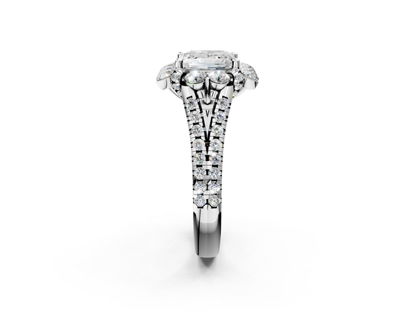 White gold Princess Halo Split Shank Diamond Engagement Ring with Pave Band and Four-Prong Setting