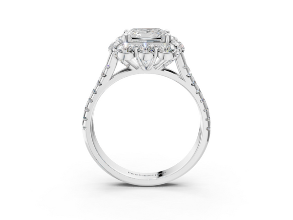 White gold Princess Halo Split Shank Diamond Engagement Ring with Pave Band and Four-Prong Setting