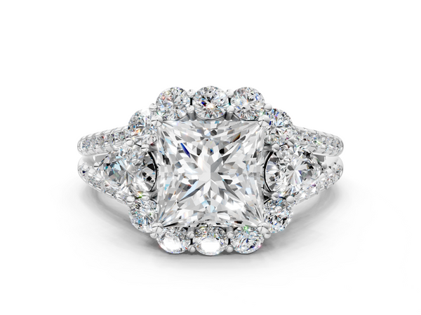 White Gold Princess Cut Scalloped Halo Three Stone Engagement Ring Setting with Pear Side Stones