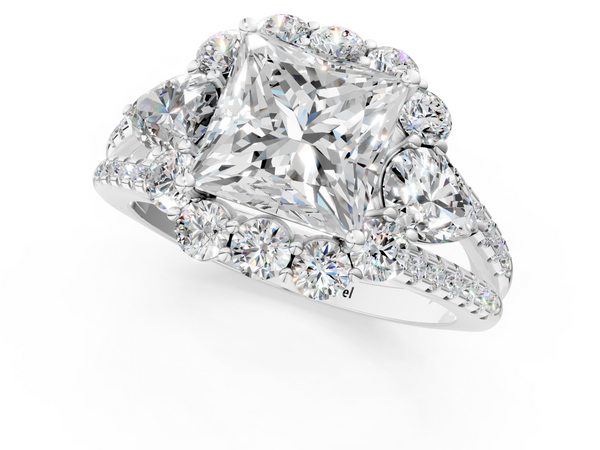 White Gold Princess Cut Scalloped Halo Three Stone Engagement Ring Setting with Pear Side Stones
