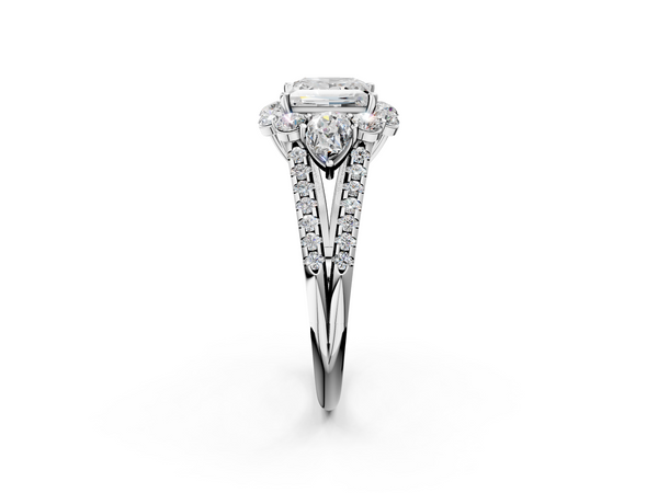 White Gold Princess Cut Scalloped Halo Three Stone Engagement Ring Setting with Pear Side Stones
