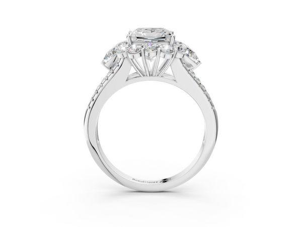 White Gold Princess Cut Scalloped Halo Three Stone Engagement Ring Setting with Pear Side Stones