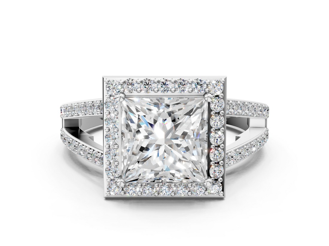 White gold Princess Halo Split Shank Diamond Ring with Four-Prong Setting_36