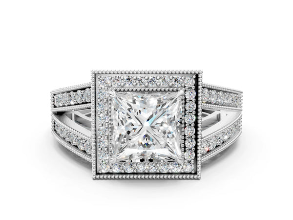 White Gold Princess Cut Vintage Milgrain Halo Engagement Ring Setting with Pave Split Shank