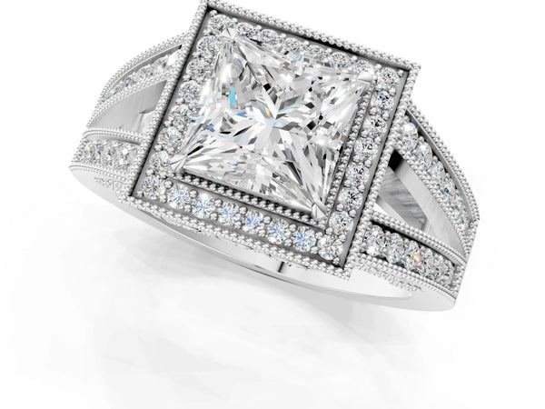 White Gold Princess Cut Vintage Milgrain Halo Engagement Ring Setting with Pave Split Shank