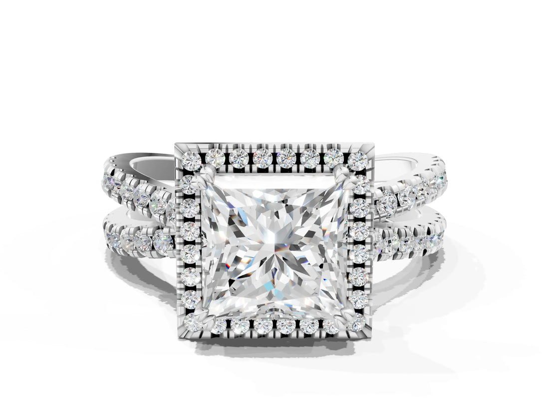 White gold Princess Halo Split Shank Diamond Ring with Pavé Setting_26