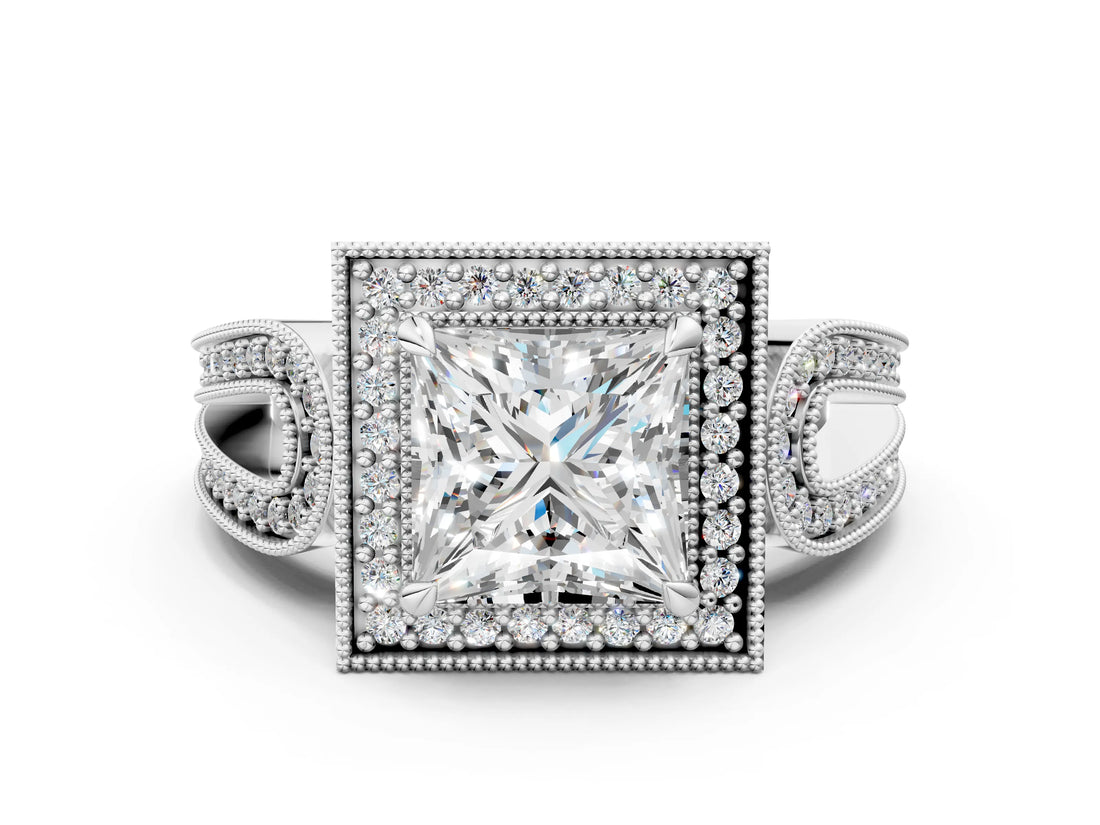 White gold Princess Halo Split Shank Milgrain Diamond Ring_18