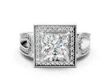 White gold Princess Halo Split Shank Milgrain Diamond Ring_18