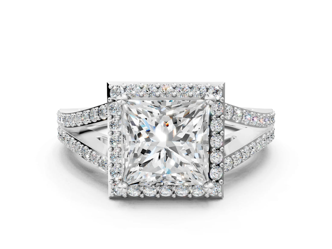 White gold Princess Halo Split Shank Pave Diamond Ring with Four-Prong Setting_49