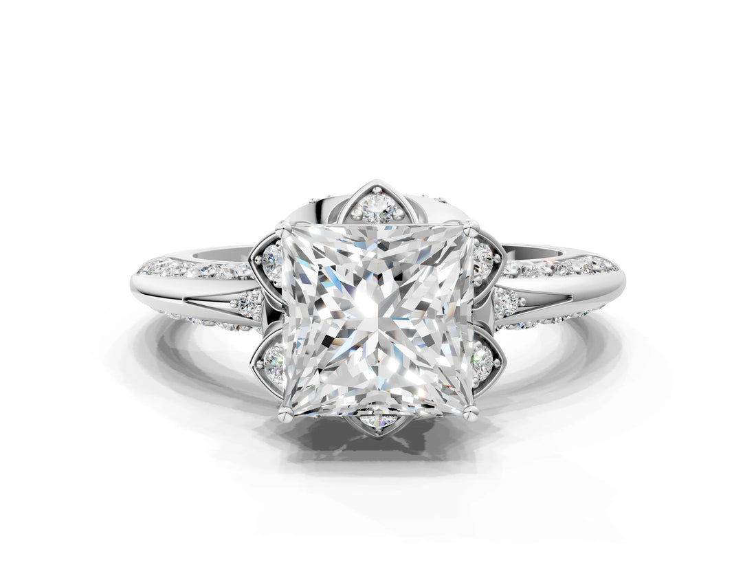 White gold Princess Halo Split Shank Pave Diamond Ring with Petal Prong Setting_20