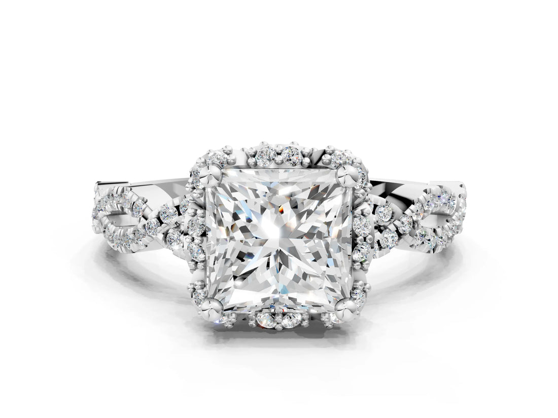 White gold Princess Halo Twist Band Solitaire Ring with Six-Prong Setting_32