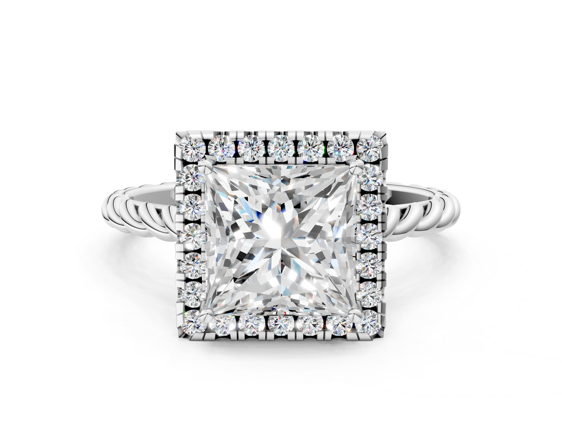 White gold Princess Halo Twisted Band Four-Prong Diamond Ring_18