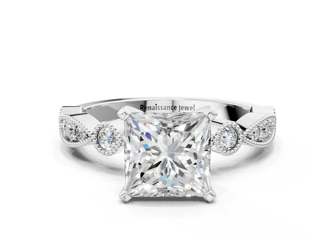 White gold Princess Milgrain Bezel Diamond Engagement Ring with Solitaire Prong Setting_173