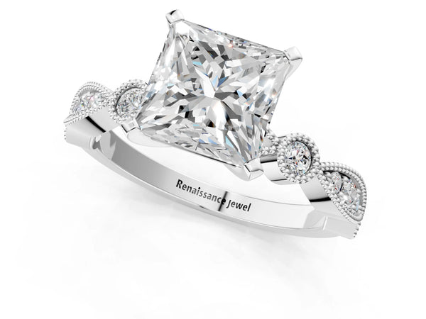 Platinum Princess Cut Vintage Solitaire Engagement Ring Setting with Milgrain Bezel Accent Band