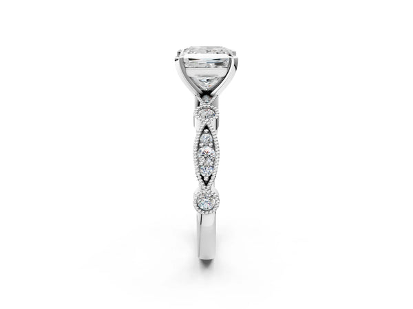 Platinum Princess Cut Vintage Solitaire Engagement Ring Setting with Milgrain Bezel Accent Band