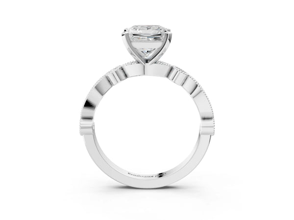 White Gold Princess Cut Vintage Solitaire Engagement Ring Setting with Milgrain Bezel Accent Band