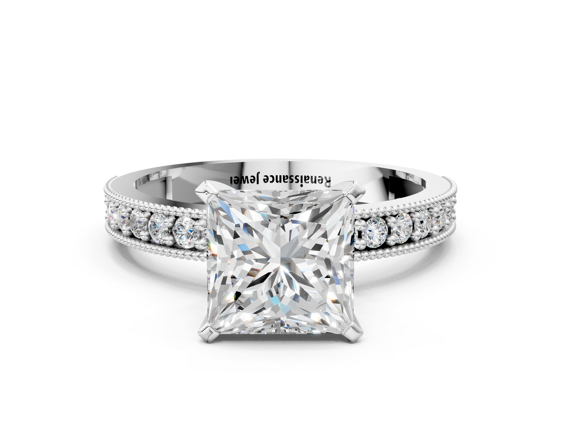 White gold Princess Milgrain Pave Diamond Engagement Ring with Four-Prong Setting_169