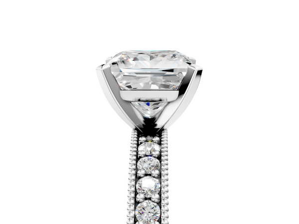 White Gold Princess Cut Milgrain Pave Solitaire Engagement Ring Setting with Vintage Edge Band