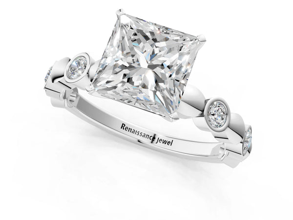 Platinum Princess Cut Engagement Ring Setting with Bezel Station Beaded Band