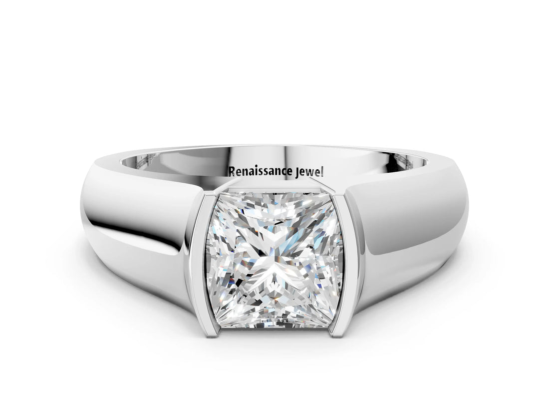 White gold Princess Solitaire Bezel Set Diamond Ring with Wide Band_19