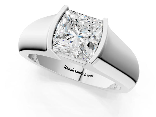 White Gold Princess Cut Half Bezel Solitaire Engagement Ring Setting