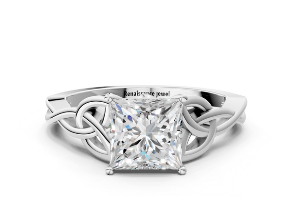 White gold Princess Cut Diamond Solitaire Engagement Ring with Celtic Knot Band and Four-Prong Setting