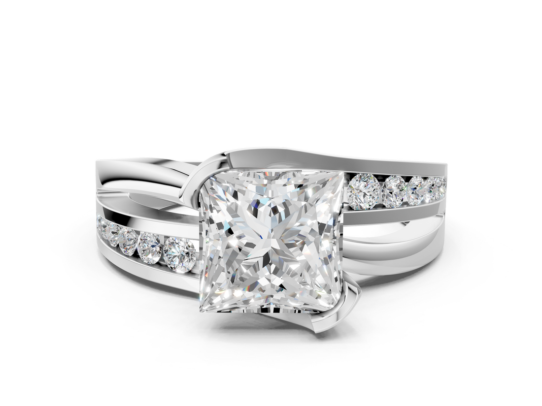 Platinum 3.07 Carat E VVS2 Princess Solitaire Channel-Set Split Shank Ring with Tension Prong Setting