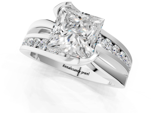 Platinum 3.07 Carat E VVS2 Princess Solitaire Channel-Set Split Shank Ring with Tension Prong Setting
