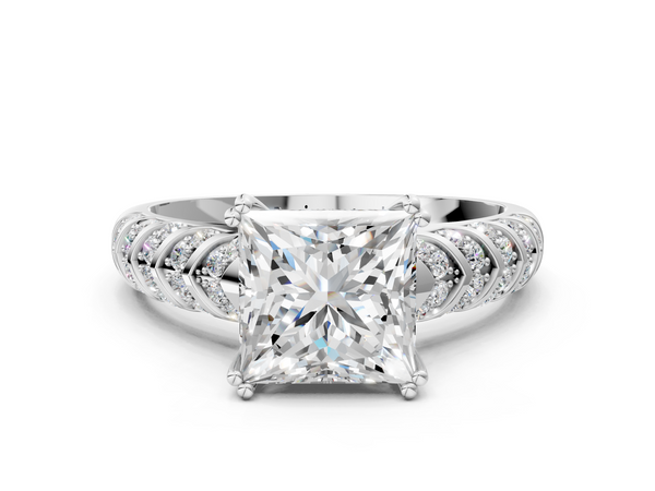 White gold Princess Solitaire Chevron Pave Diamond Engagement Ring with Six-Prong Setting