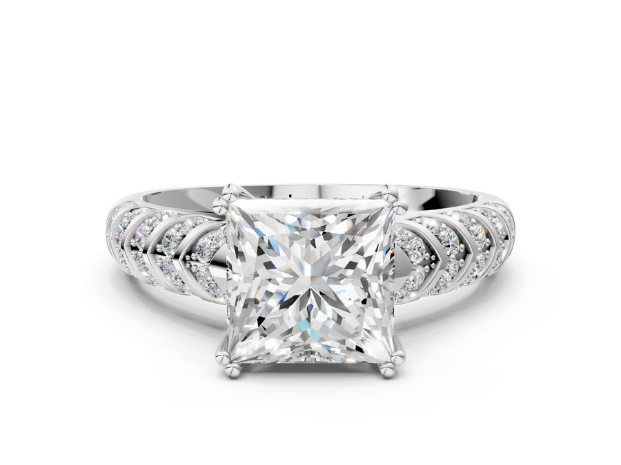 White gold Princess Solitaire Chevron Pave Diamond Engagement Ring with Six-Prong Setting
