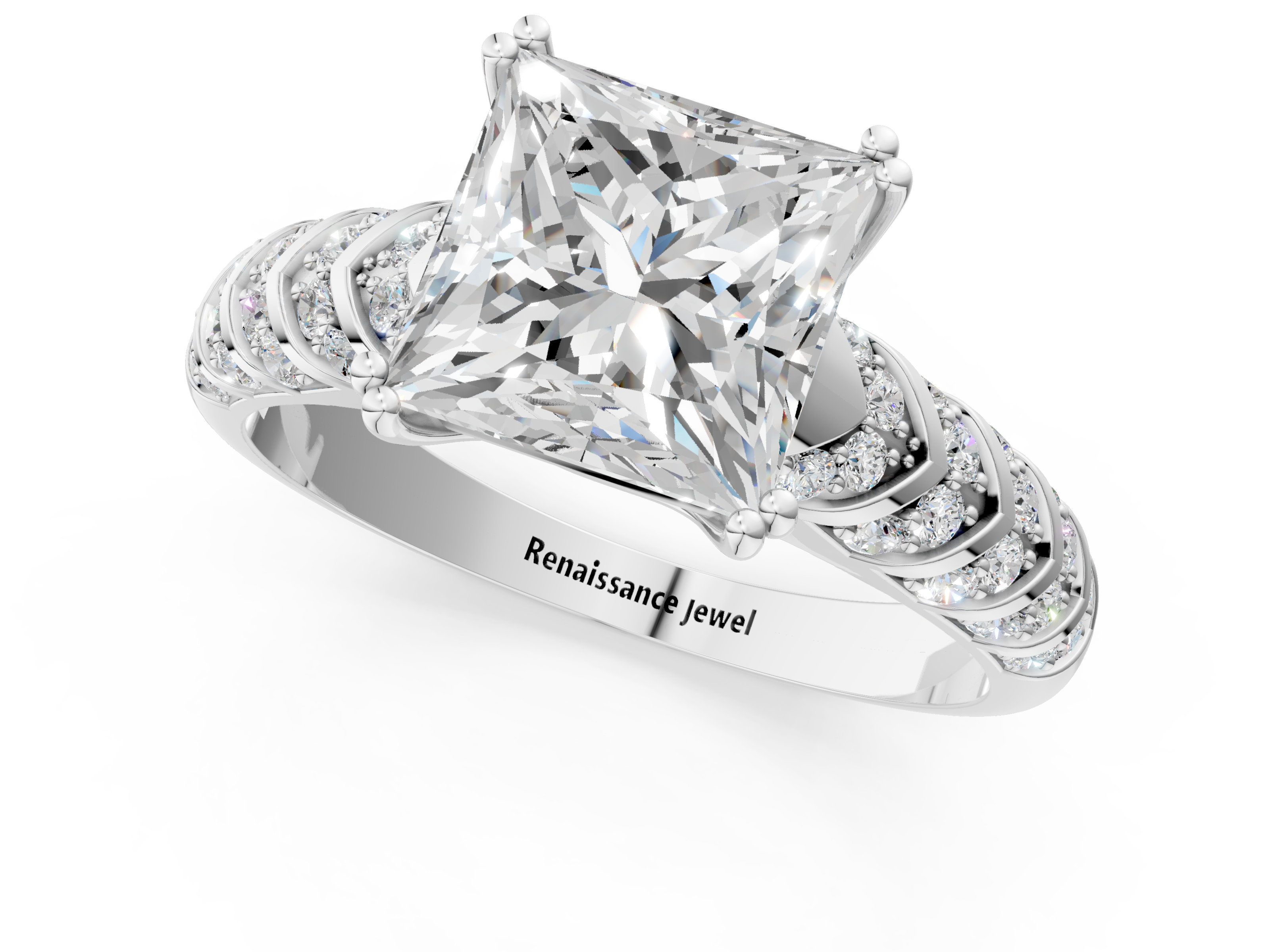 White gold Princess Solitaire Chevron Pave Diamond Engagement Ring with Six-Prong Setting_4