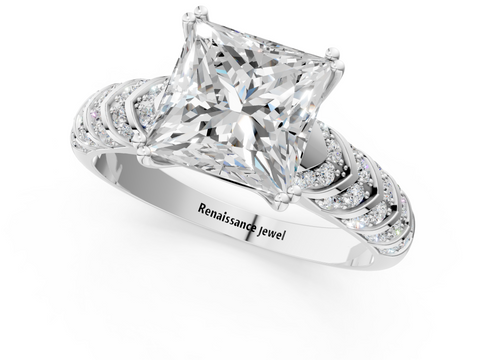 White gold Princess Solitaire Chevron Pave Diamond Engagement Ring with Six-Prong Setting_4