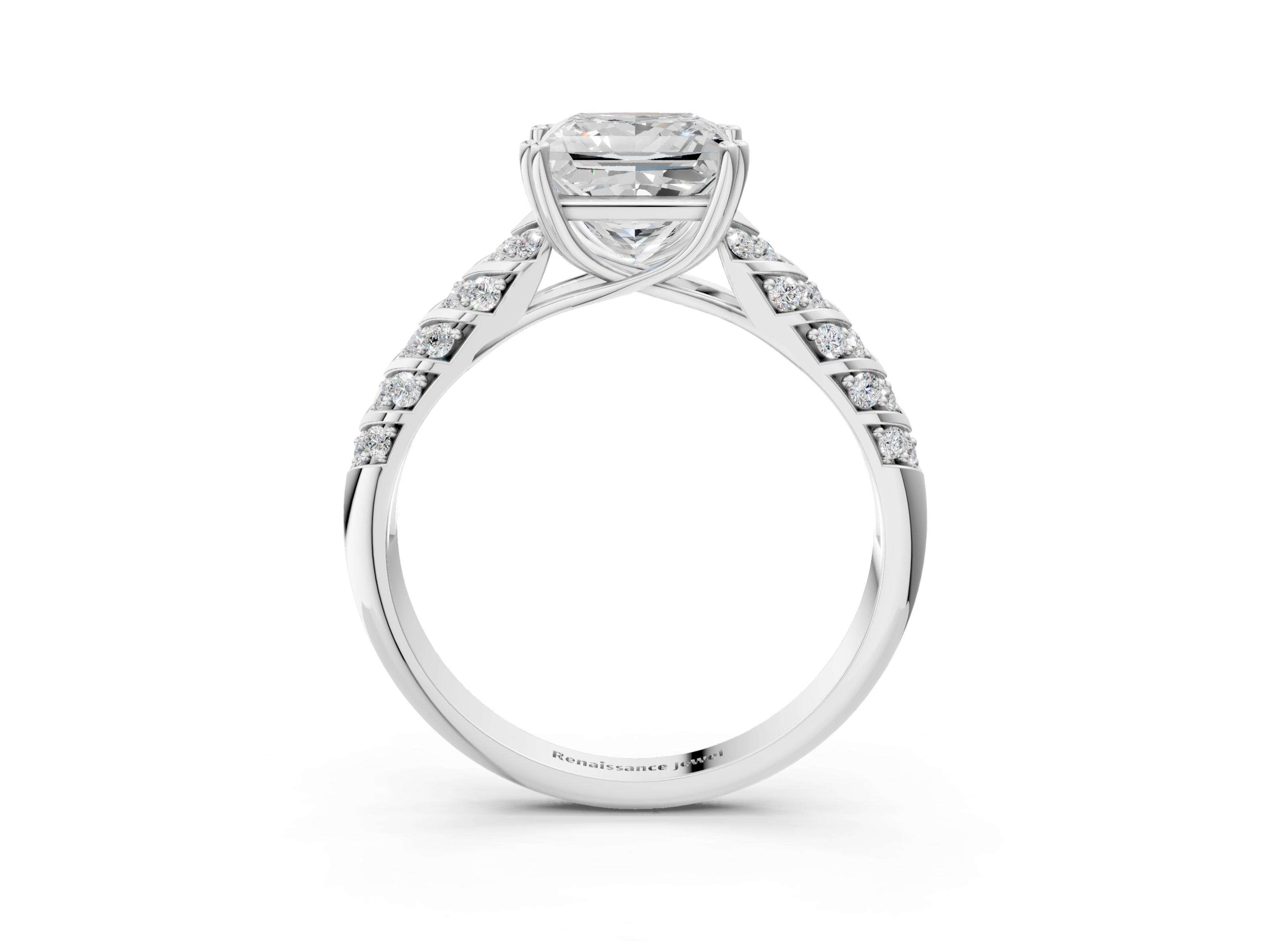 White gold Princess Solitaire Chevron Pave Diamond Engagement Ring with Six-Prong Setting_6